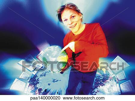 Young man in cyberspace pointing to world globe, digital composite. View Large Illustration Clipart - Young man in cyberspace pointing to world globe, digital composite.. Fotosearch