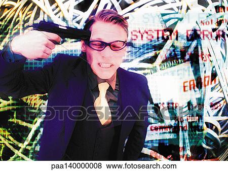 Stock Illustration - Young man pointing gun at head, digital composite.. Fotosearch