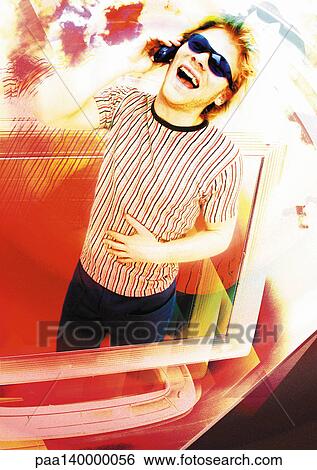 Young man using cell phone, emerging from computer monitor, digital composite. View Large Illustration Stock Illustration - Young man using cell phone, emerging from computer monitor, digital composite.. Fotosearch