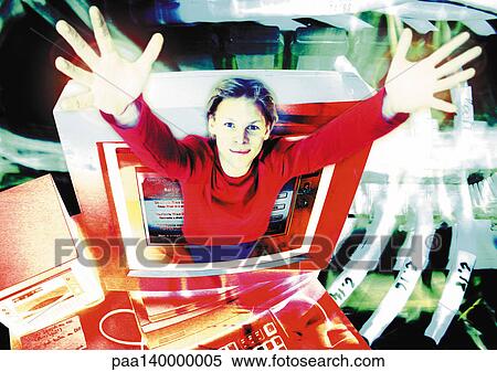 Young person emerging from computer monitor, arms extended, digital composite. View Large Illustration Stock Illustration - Young person emerging from computer monitor, arms extended, digital composite.. Fotosearch