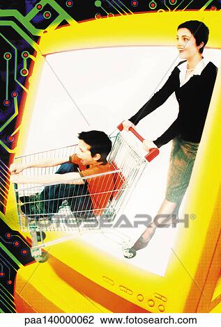 Young woman and child emerging from computer monitor, child in shopping cart, digital composite. View Large Illustration Drawing - Young woman and child emerging from computer monitor, child in shopping cart, digital composite.. Fotosearch