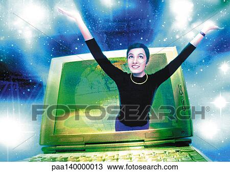 Young woman emerging from computer monitor, digital composite. View Large Illustration Drawing - Young woman emerging from computer monitor, digital composite.. Fotosearch