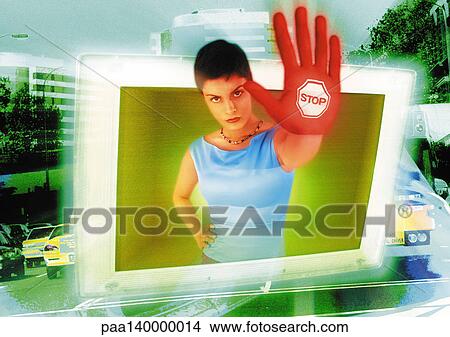 Young woman emerging from computer monitor, hand toward camera, the word "stop" on hand, digital composite. View Large Illustration Stock Illustration - Young woman emerging from computer monitor, hand toward camera, the word "stop" on hand, digital composite.. Fotosearch