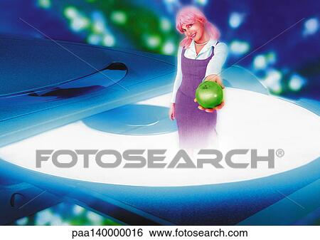 Stock Illustration - Young woman standing on Compact disc drive, holding out apple, digital composite.. Fotosearch