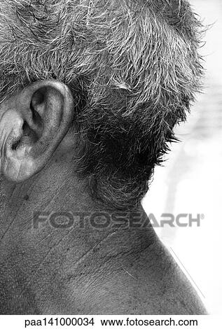 Picture - Mature man's head and neck, partial view, side view, b&w.. Fotosearch