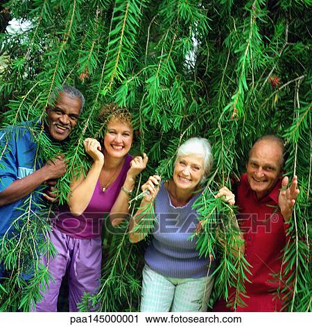 Stock Image - Four people standing side by side under branches, smiling. Fotosearch