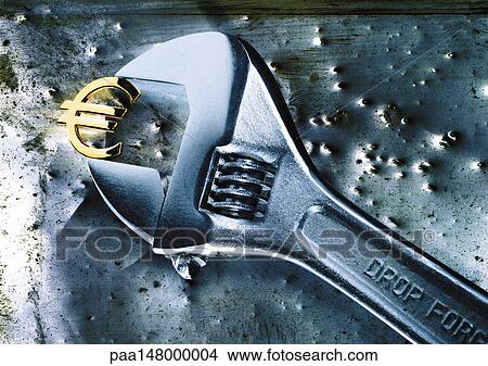Stock Illustration - Adjustable wrench clasping gold euro sign.. Fotosearch