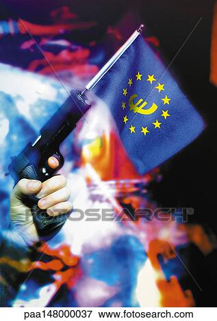 Euro flag coming out of gun barrel. View Large Illustration Stock Illustration - Euro flag coming out of gun barrel.. Fotosearch