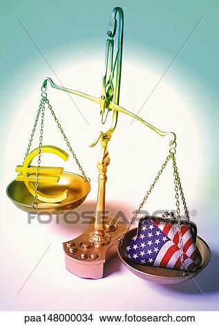 Stock Illustration - Euro sign and american coin purse placed on scales.. Fotosearch