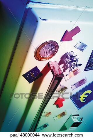 Euro sign and currency, magnetts on refrigerator View Large Illustration Stock Illustration - Euro sign and currency, magnetts on refrigerator . Fotosearch