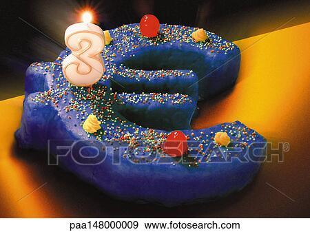 Stock Illustration - Euro sign birthday cake, number three candle burning on top. . Fotosearch