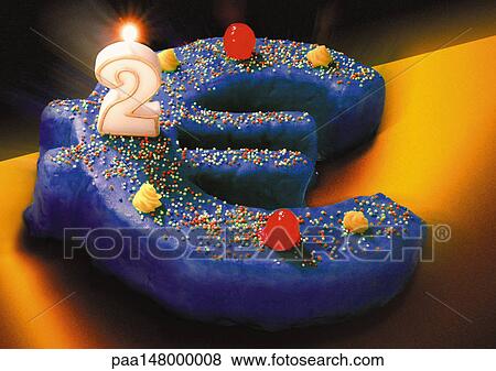 Stock Illustration - Euro sign birthday cake, number two candle burning on top. . Fotosearch