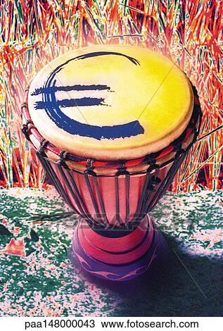 Euro sign on djembe. View Large Illustration Drawing - Euro sign on djembe.. Fotosearch
