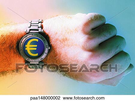 Drawing - Euro sign on man's wrist watch.. Fotosearch