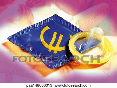 Drawing - Euro sign printed on condom wrapper. Fotosearch