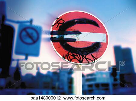 Euro sign sprayed over "no entry" sign. View Large Illustration Drawing - Euro sign sprayed over "no entry" sign.. Fotosearch