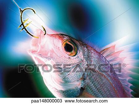 Drawing - Fish caught on euro sign hook. . Fotosearch
