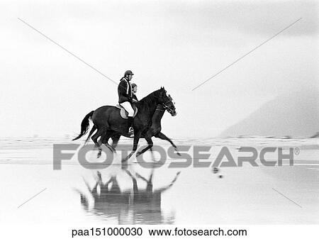 Stock Image - Two people riding horses on beach, side view, b&w.. Fotosearch