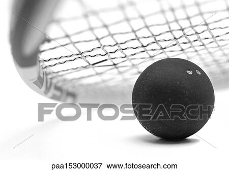 Stock Photo - Squash ball and racket, close-up, b&w.. Fotosearch