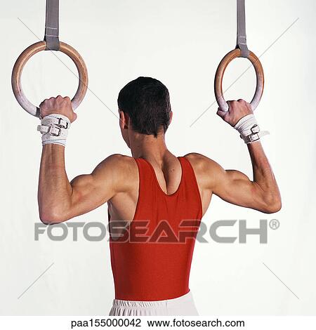 Male gymnast pulling himself up on rings, upper section, rear view. View Large Photo Image Stock Image - Male gymnast pulling himself up on rings, upper section, rear view.. Fotosearch