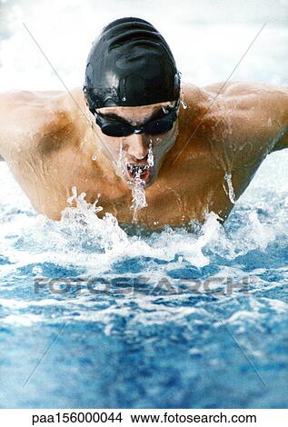 Male athlete swimming butterfly stroke, close-up View Large Photo Image Picture - Male athlete swimming butterfly stroke, close-up. Fotosearch