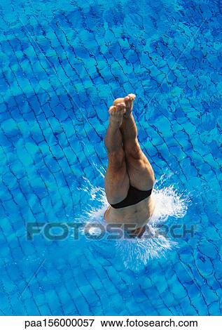 Male swimmer diving into pool, overhead view View Large Photo Image Stock Photo - Male swimmer diving into pool, overhead view. Fotosearch