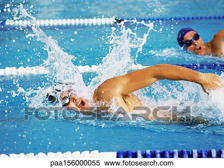 Male swimmers swimming freestyle in pool, close-up View Large Photo Image Stock Photography - Male swimmers swimming freestyle in pool, close-up. Fotosearch