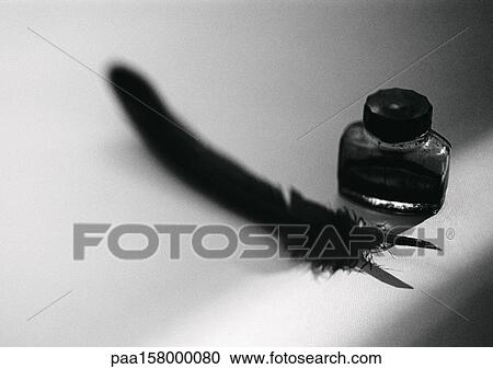 Quill pen and bottle of ink, b&w. View Large Photo Image Stock Image - Quill pen and bottle of ink, b&w.. Fotosearch