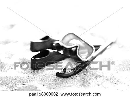 Swimming mask, snorkel and flippers, b&w. View Large Photo Image Stock Image - Swimming mask, snorkel and flippers, b&w.. Fotosearch