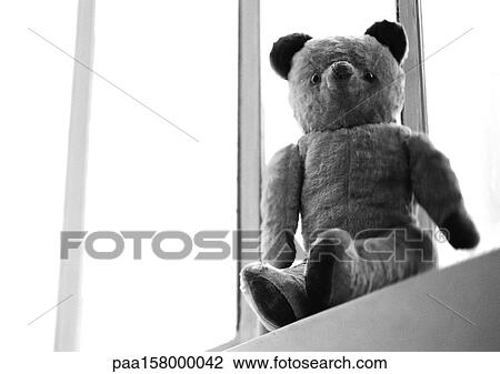 Stock Image - Teddy bear, low angle view, b&w.. Fotosearch