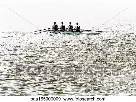 Four men rowing crew in boat, b&w. View Large Photo Image Stock Photo - Four men rowing crew in boat, b&w.. Fotosearch