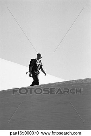 Man hiking across dunes, b&w. View Large Photo Image Stock Image - Man hiking across dunes, b&w.. Fotosearch