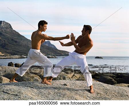 Two men performing martial arts in front of sea View Large Photo Image Stock Photograph - Two men performing martial arts in front of sea. Fotosearch