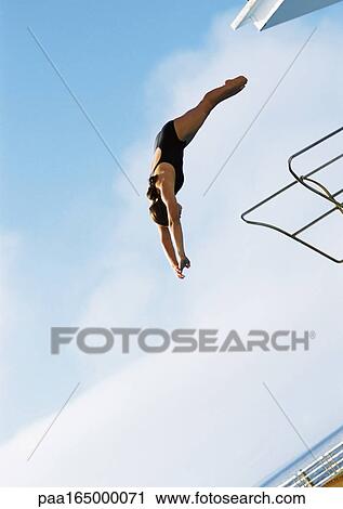 Woman in mid-dive, low angle view, full length, blue sky in background. View Large Photo Image Stock Image - Woman in mid-dive, low angle view, full length, blue sky in background.. Fotosearch