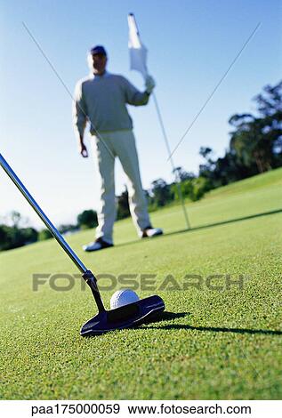 Stock Photo - Golfer holding flag on green, putter and ball in foreground. Fotosearch