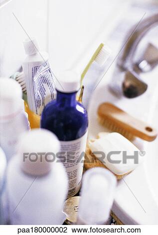 Cosmetics on side of sink, close-up View Large Photo Image Stock Image - Cosmetics on side of sink, close-up. Fotosearch