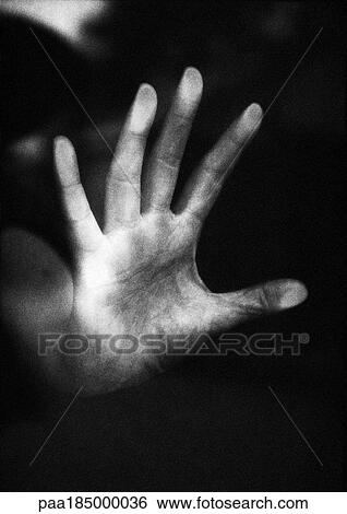 Stock Photograph - Hand pressing against glass, close-up, b&w. Fotosearch