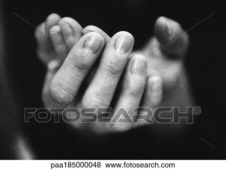 Stock Photo - Hands cupped, close-up, b&w. Fotosearch