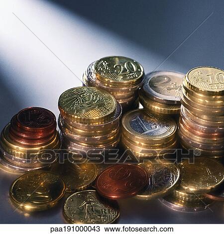Several piles of assorted euro coins. View Large Photo Image Stock Image - Several piles of assorted euro coins.. Fotosearch