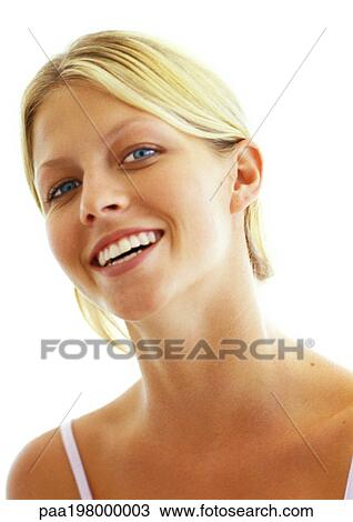 Woman smiling, close up portrait View Large Photo Image Stock Image - Woman smiling, close up portrait. Fotosearch