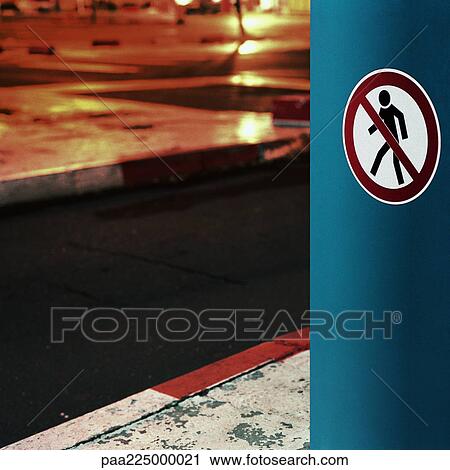Stock Image - No pedestrian sign, night.. Fotosearch