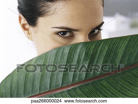 Picture - Woman looking at camera, palm leaf partially covering face, close-up. Fotosearch