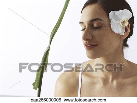 Woman with orchid behind ear, eyes closed, with green leaf View Large Photo Image Stock Photography - Woman with orchid behind ear, eyes closed, with green leaf. Fotosearch