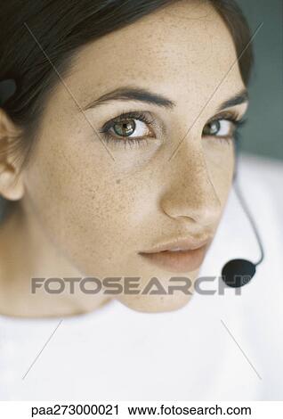 Woman with headset, portrait View Large Photo Image Stock Image - Woman with headset, portrait. Fotosearch