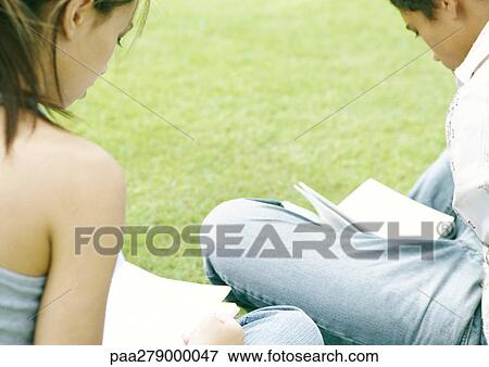 Stock Photo - Students sitting on grass studying, rear view. Fotosearch