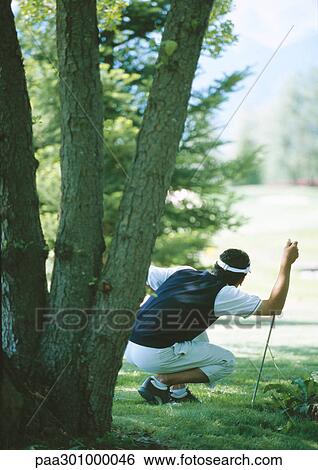 Stock Photograph - Golfer crouching near tree, rear view. Fotosearch