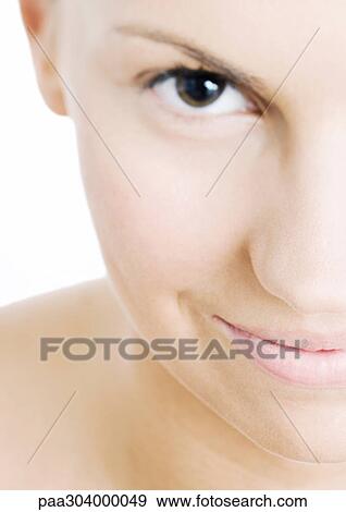 Woman grinning, close-up View Large Photo Image Stock Photo - Woman grinning, close-up. Fotosearch