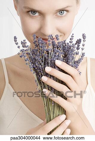 Woman smelling bunch of lavender, looking at camera View Large Photo Image Picture - Woman smelling bunch of lavender, looking at camera. Fotosearch