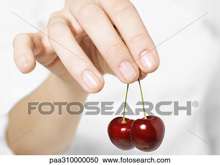 Stock Image - Hand holding cherries. Fotosearch