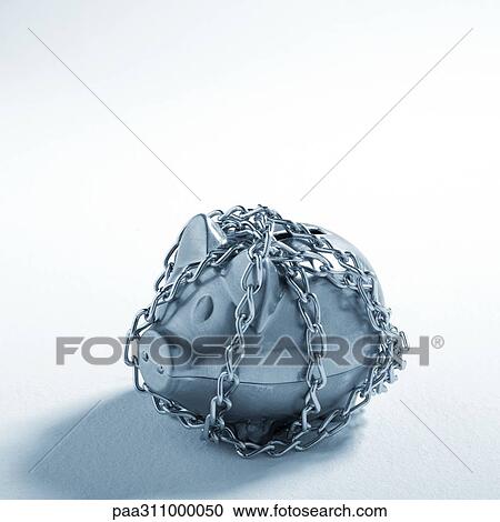 Stock Image - Piggybank wrapped in chains. Fotosearch